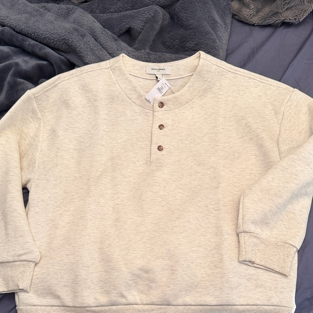 Banana Republic Ivory Henley Top with Wooden-Look Button